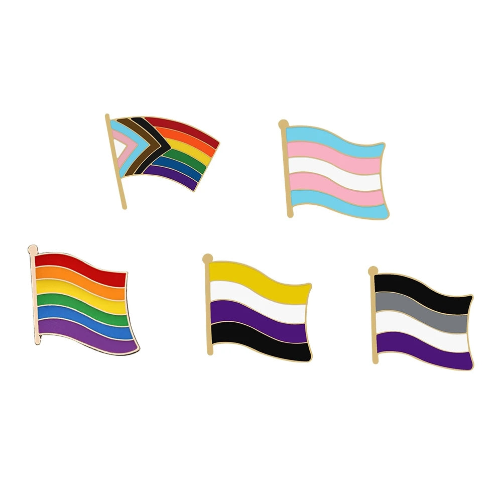 Inclusive LGBTQ+ Pride Pin Set – 3-6pcs Enamel Brooches with Progress, Trans, Nonbinary & Rainbow Flags