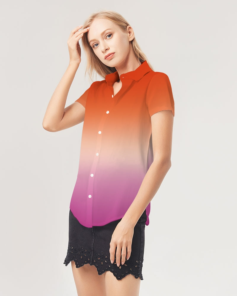 Lesbian Pride Flag Ombre Short Sleeve Button-Up Shirt